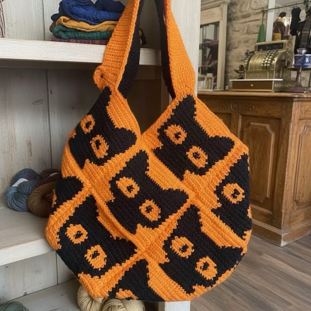 Orange and Black Cat Patterned Tote Bag